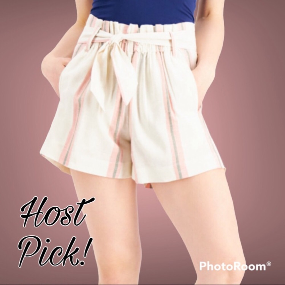 Indigo Reign Linen Cream, Pink Striped High-Rise Paperbag Shorts, Large Juniors